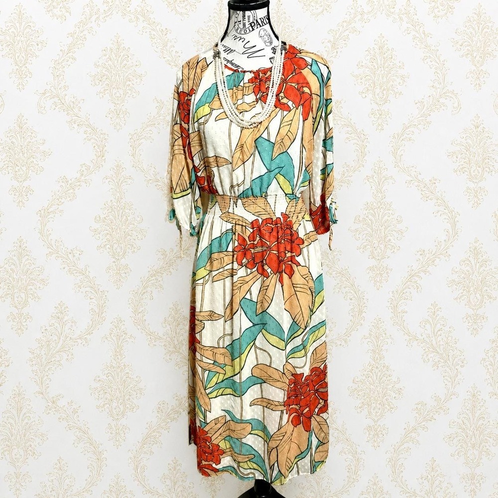 Maggy London Vintage Tropical Floral Midi Dress Size 2 Chiffon Sheer Boho Retro